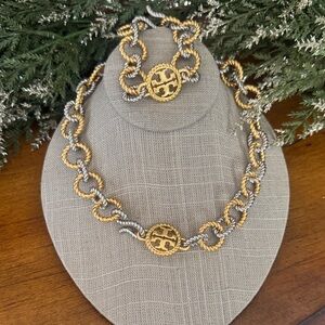 Tory Burch Gold and Silver Interlinked Heavy Brass Necklace Bracelet Set $495